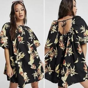 Free People Jodie XL Mini Dress Tunic Pockets Black Tropical Floral Short Sleeve